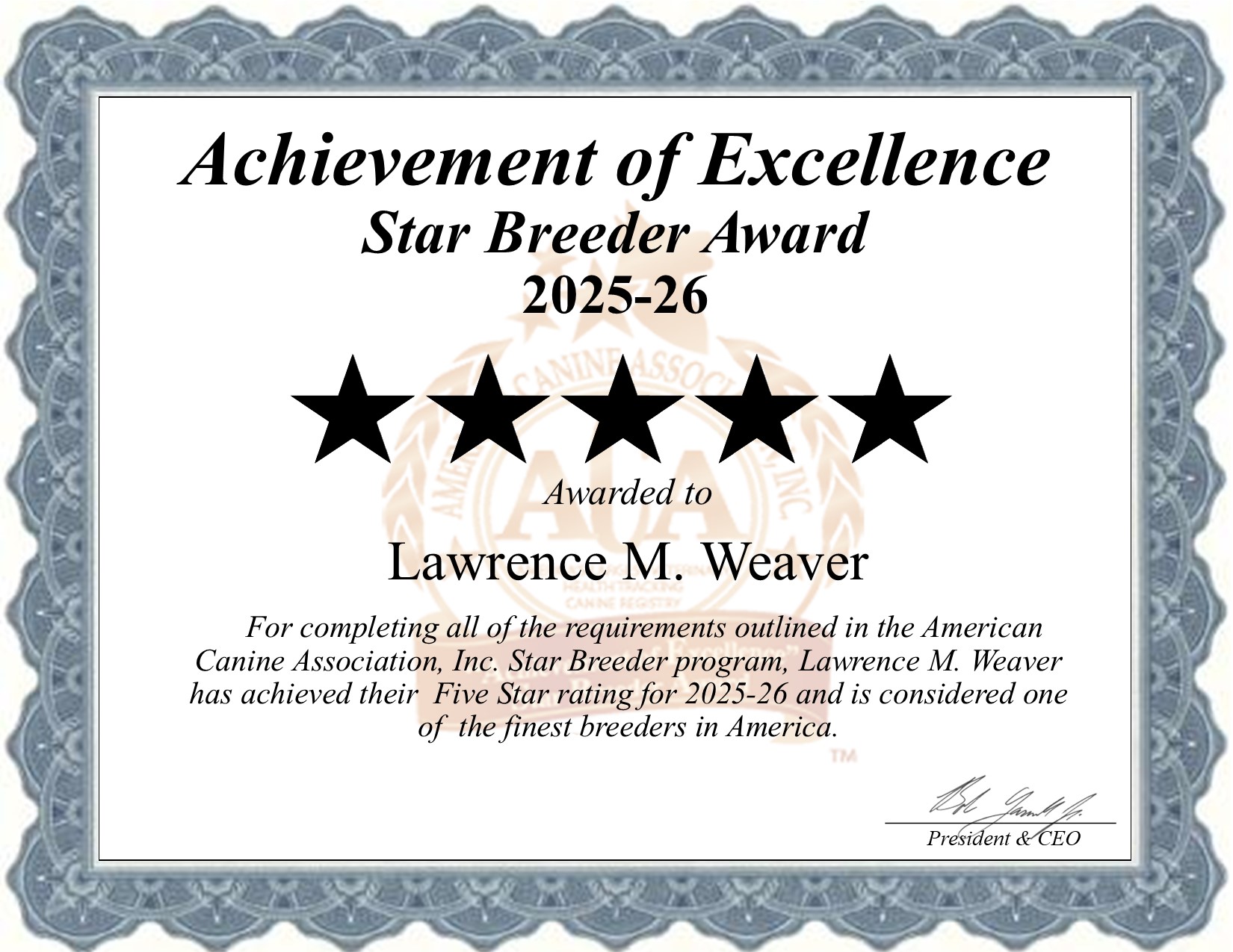 Lawrence, Weaver, dog, breeder, star, certificate, Lawrence-Weaver, Dundee, NY, New York, puppy, dog, kennels, mill, puppymill, usda, 5-star, aca, ica, registered, Shiba Inu